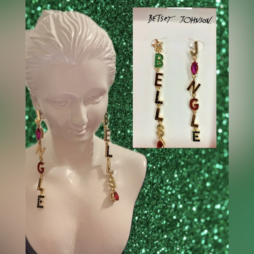 Betsey Johnson Glitter Jingle Bells Letters Multicolor Gemstone Linear Earrings